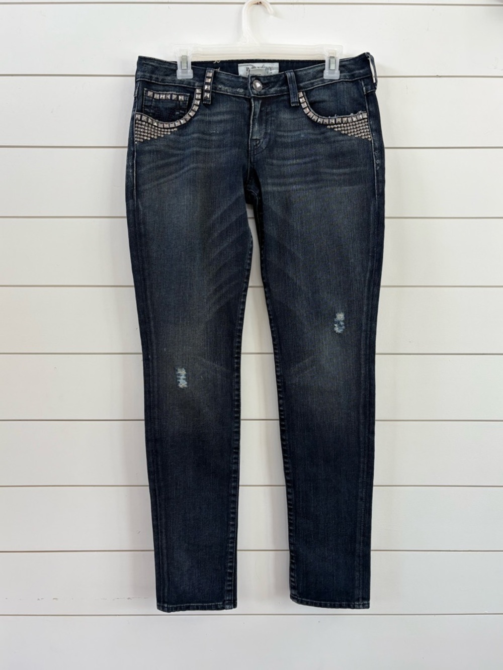 PRVCY Dark Blue Skinny Jeans with Studded Pocket Trim